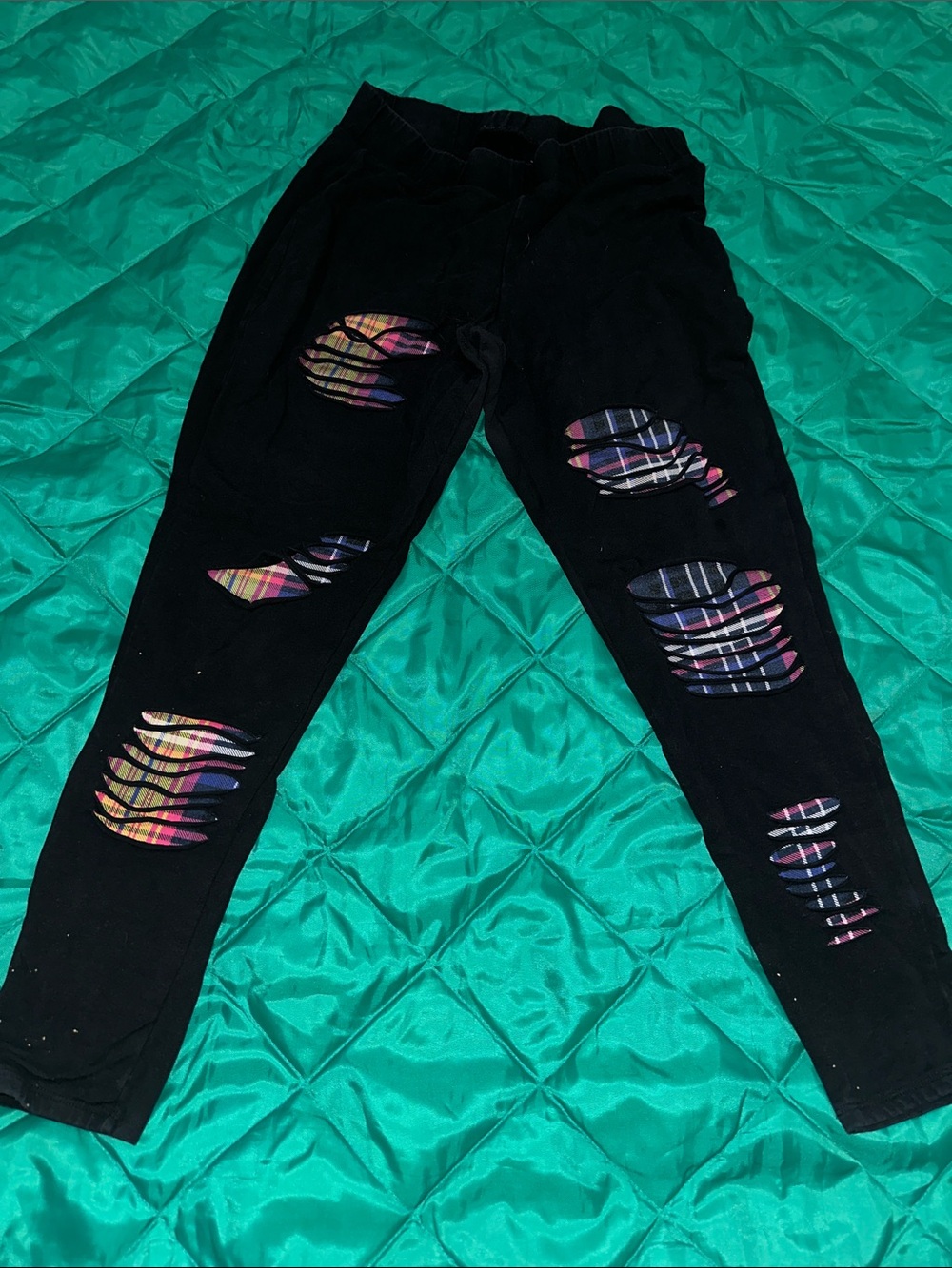 torrid Black Leggings with Colorful Plaid Underlay